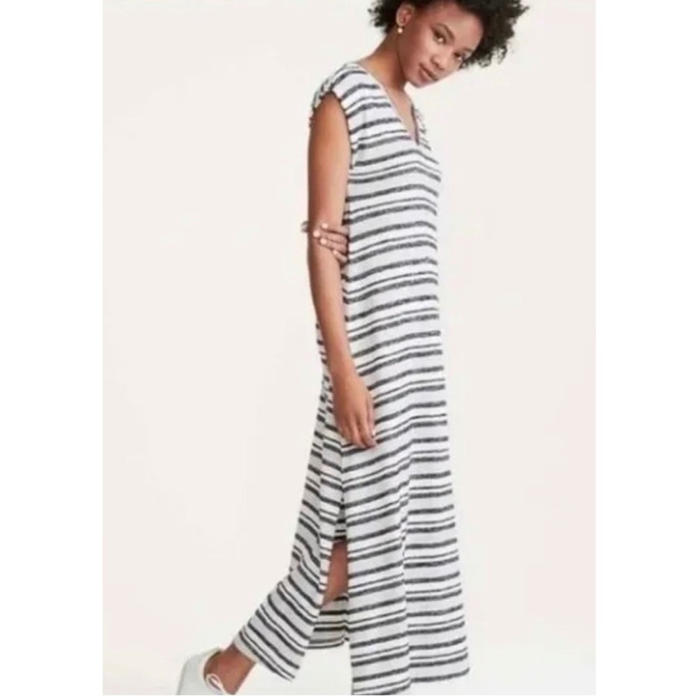 Lou & Grey‎ Black White Striped Cotton Blend Knit T-Shirt Maxi Dress Size S